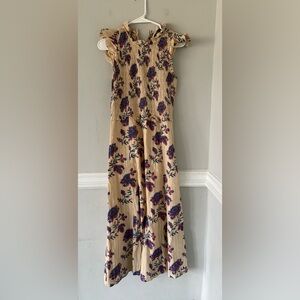 Sea New York Beige Floral Maxi Dress with Ruffle Shoulder mock neck 100% cotton